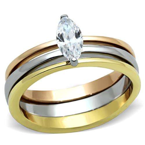 BEAUTIFUL 18K YELLOW, WHITE AND ROSE GOLD PLATED SIMULATED DIAMOND WEDDING RING SET