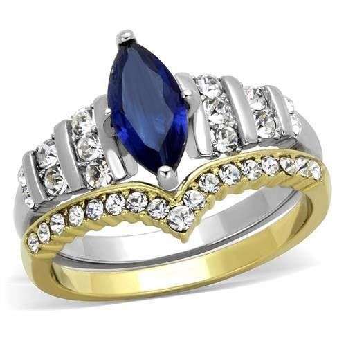 BEAUTIFUL 18K YELLOW AND WHITE GOLD PLATED SIMULATED DIAMOND AND SAPPHIRE WEDDING RING SET