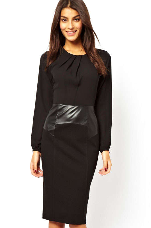 LOVELY LEATHER LOOK WAIST BLACK PENCIL MIDI DRESS
