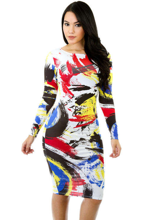 WONDERFUL COLOUR PRINT LONG SLEEVE DRESS
