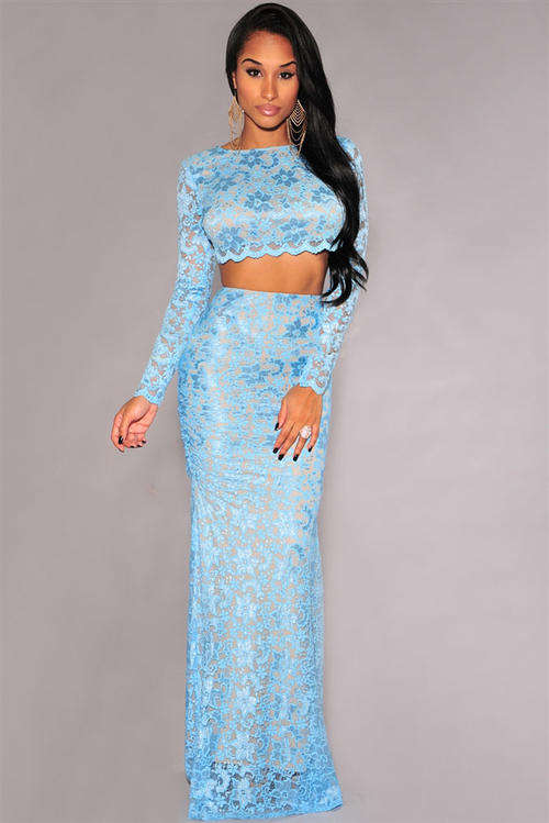 2PC MAGNIFICENT LACE MAXI SKIRT WITH LONG SLEEVE TOP