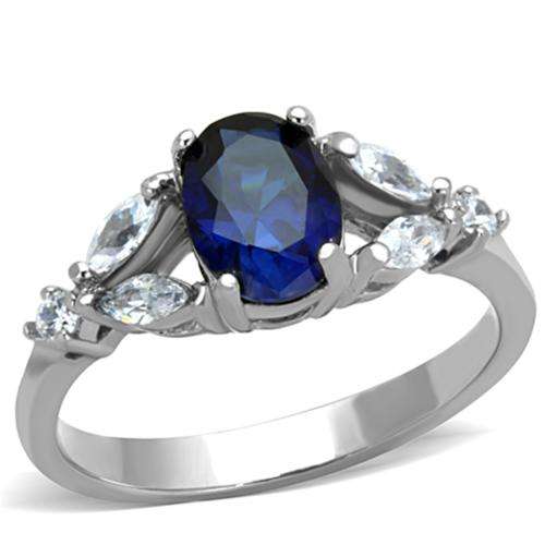 ** STUNNING 18K WHITE GOLD PLATED SIMULATED SAPPHIRE LADIES RING