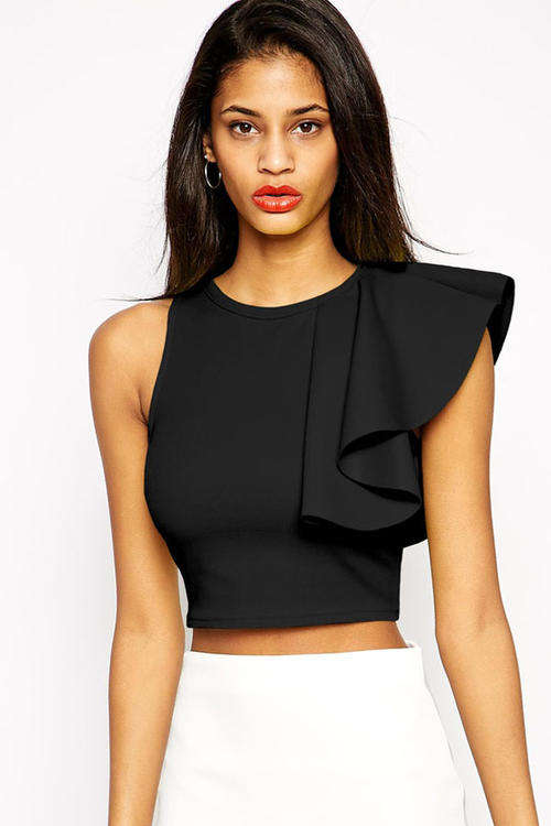 SEXY SINGLE SHOULDER RUFFLE CROP TOP