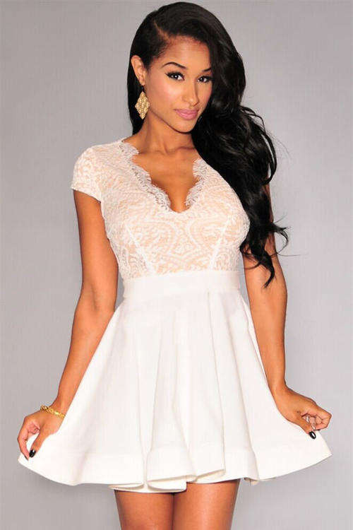 WONDERFUL WHITE LACE TOP DETAIL SKATER DRESS