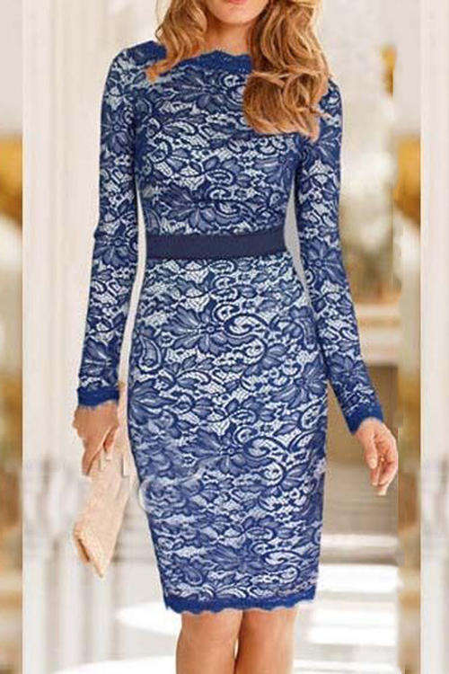 BEAUTIFUL BELT DETAIL LONG SLEEVE LACE DRESS