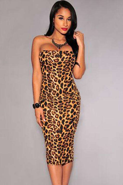 LUSCIOUS LEOPARD PRINT STRAPLESS MIDI DRESS