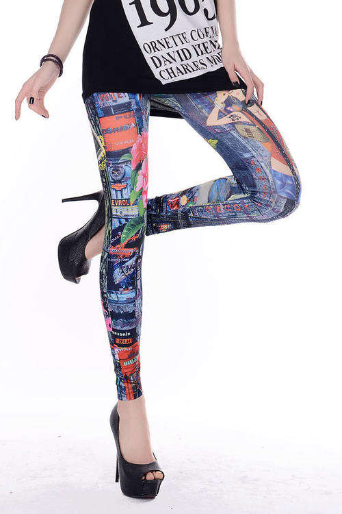 STUNNING COLOUR ON DENIM PRINT LEGGINGS