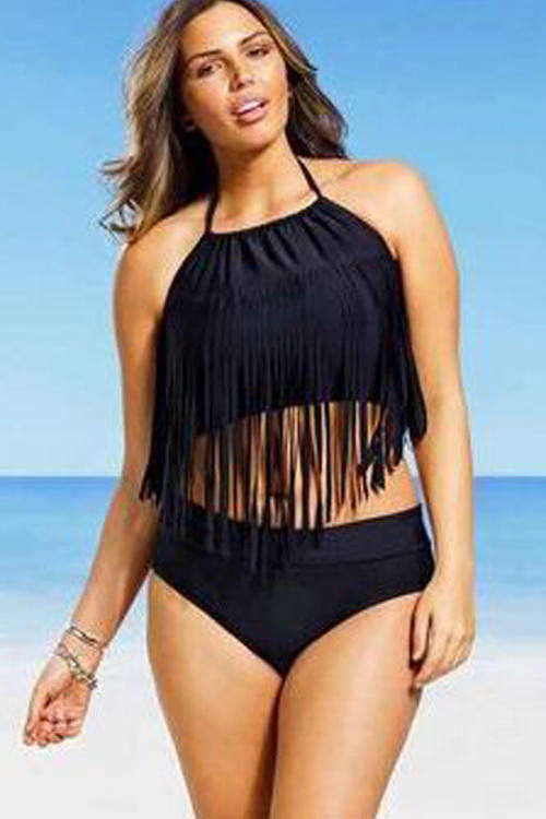 **PLUS SIZE** BEAUTIFUL BLACK TASSEL FRINGE BIKINI