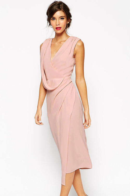 PRETTY PINK WRAP DRAPE MIDI DRESS