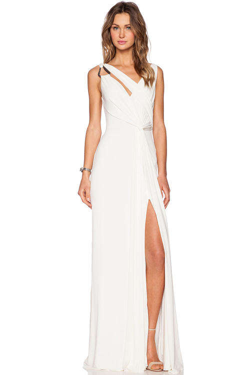 WONDERFUL WHITE DRAPED BACK EVENING DRESS