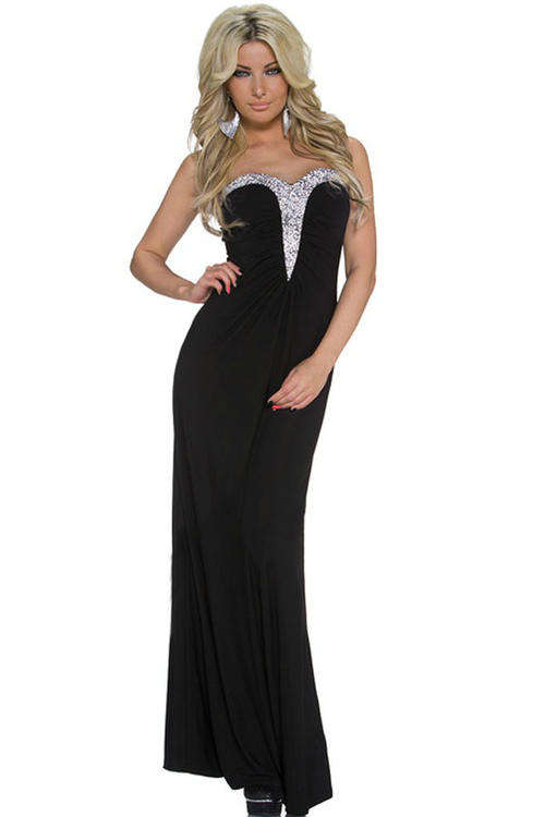 SEXY STRAPLESS SEQUIN DETAIL MAXI EVENING DRESS