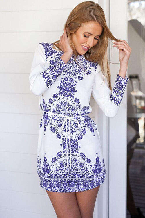 PRETTY PORCELAIN STYLE PRINT HIGH LOW DESIGN DRESS