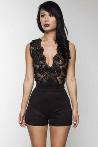 BEAUTIFUL BLACK SHEER MESH WITH BEADED DETAIL JUMPSUIT