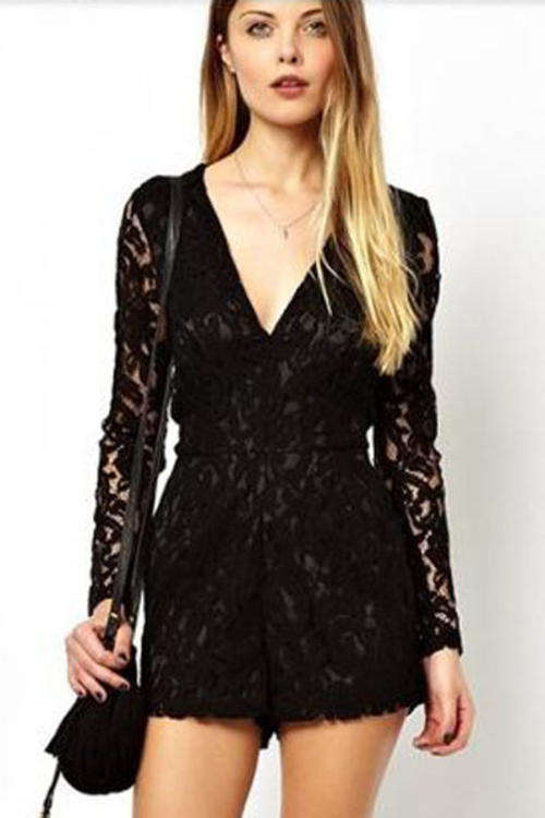 LOVELY ALL OVER LACE DETAIL LONG SLEEVE ROMPER