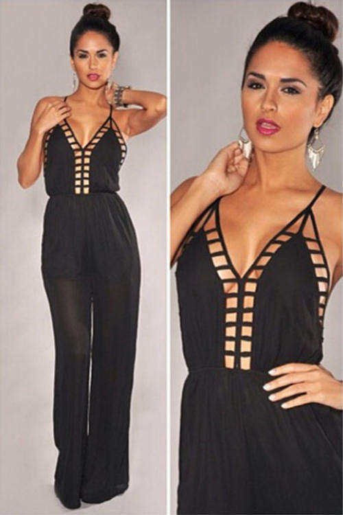 BEAUTIFUL BLACK CHIFFON CAGED CUT AWAY DETAIL JUMPSUIT