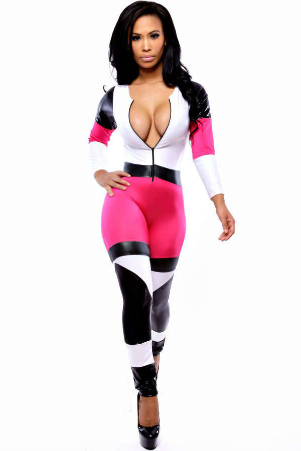 TRENDY COLOUR BLOCK FRONT ZIP DETAIL JUMPSUIT