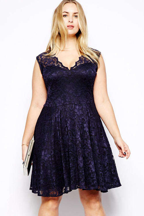 **PLUS SIZE** SEXY NAVY LACE SKATER DRESS
