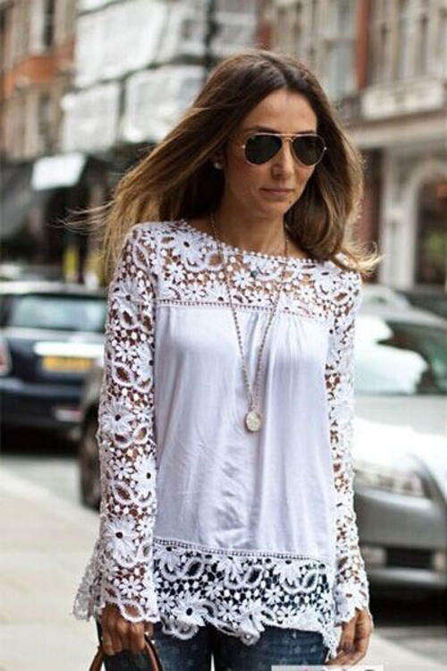 STUNNING HOLLOW OUT LACE DETAIL LONG SLEEVE BLOUSE