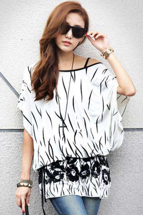 STYLISH CONTRAST PATTERN PRINT CHIFFON BLOUSE