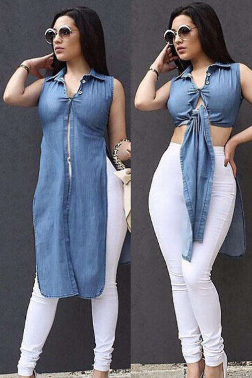 DELIGHTFUL DENIM TIE FRONT DESIGN TOP