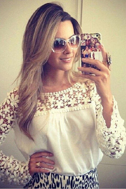 LOVELY LONG SLEEVE CROCHET LACE DETAIL CHIFFON BLOUSE