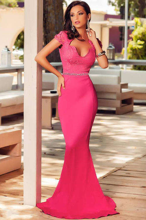 MAGNIFICENT MERMAID STYLE LACE AND CHAIN DETAIL EVENING DRESS