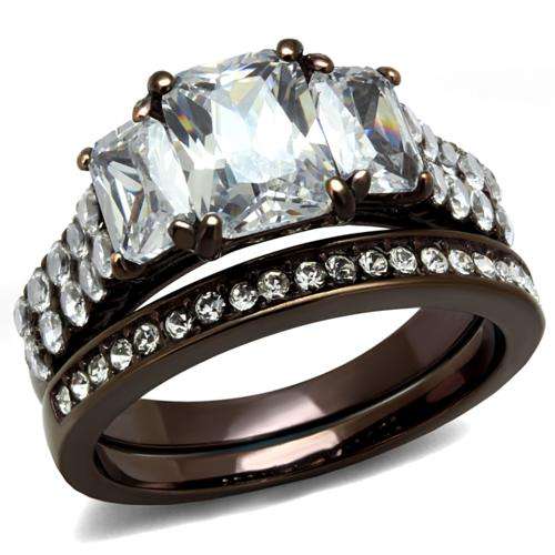BEAUTIFUL SIMULATED DIAMOND BROWN STAINLESS STEEL LADIES WEDDING RING SET