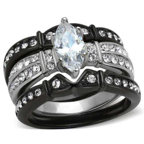 UNUSUAL BLACK STAINLESS STEEL SIMULATED DIAMOND LADIES WEDDING RING SET