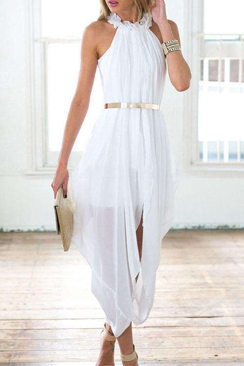 WONDERFUL WHITE CHIFFON OVERLAY HIGH LOW DRESS