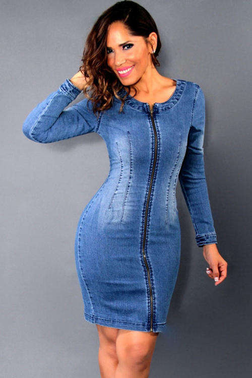 STYLISH LONG SLEEVE DENIM DRESS