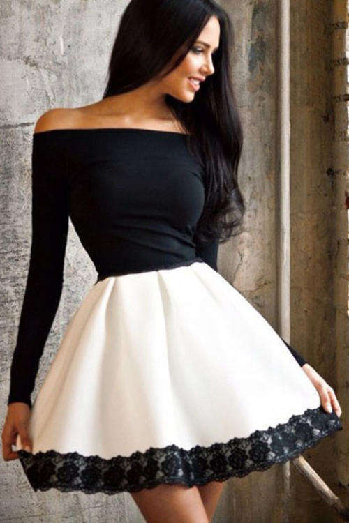 STUNNING CONTRAST DETAIL OFF SHOULDER DESIGN SKATER DRESS