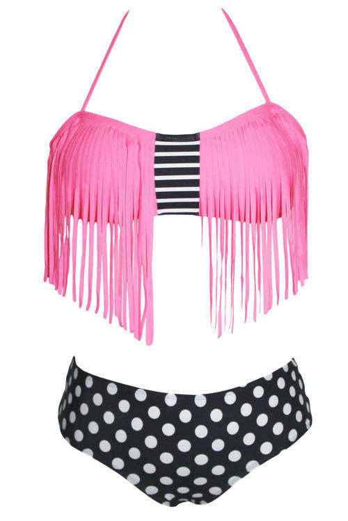 PRETTY PINK TASSEL AND POLKA DOT DETAIL BIKINI (SMALL TO PLUS SIZE)