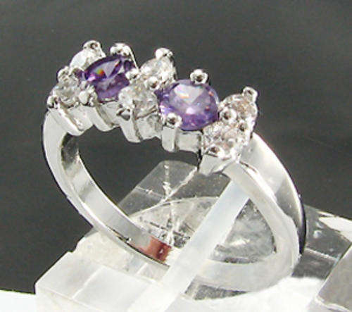 2x4mm Simulated Amethyst and 6x2mm Simulated Diamond 18K White Gold Plated Ring