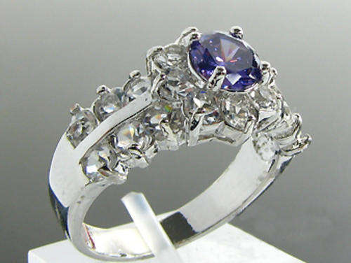 Simulated Amethyst and Simulated Diamond 18K White Gold Plated Ring