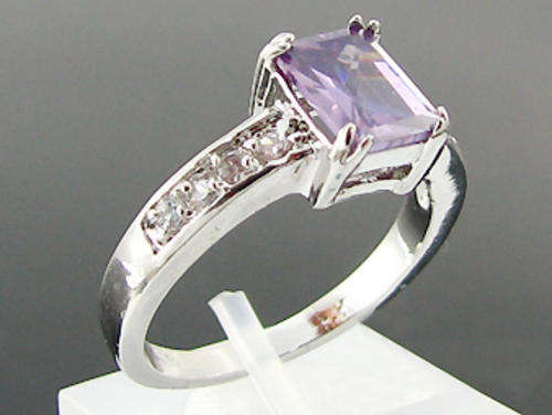 Simulated Amethyst and Simulated Diamond 18K White Gold Plated Ring
