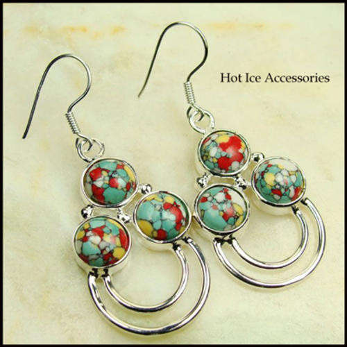GENUINE STERLING SILVER MOSAIC JASPER GEMSTONE EARRINGS - NO COMBINED POSTAGE