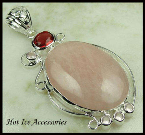 **INTERNATIONAL SHIPPING** STERLING SILVER SIMULATED RUBY AND ROSE QUARTZ PENDANT