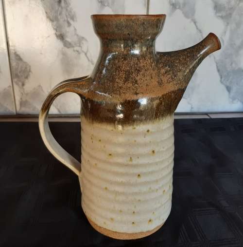 TIM MORRIS:  RARE AND AWESOME ANTIQUE LARGE LIDDED POTTERY JUG/PITCHER, CLEARLY MARKED