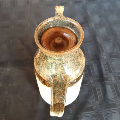 TIM MORRIS:  RARE AND AWESOME ANTIQUE LARGE LIDDED POTTERY JUG/PITCHER, CLEARLY MARKED