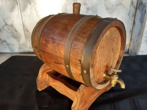 VINTAGE OAK WINE BARREL (300 mm) WITH BRASS HOOPS AND ON A CUSTOM MADE STAND
