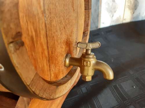 VINTAGE OAK WINE BARREL (300 mm) WITH BRASS HOOPS AND ON A CUSTOM MADE STAND