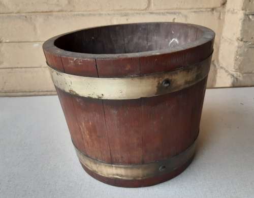 VINTAGE  OAK WINE BARREL PLANT POT HOLDER WITH BRASS HOOPS