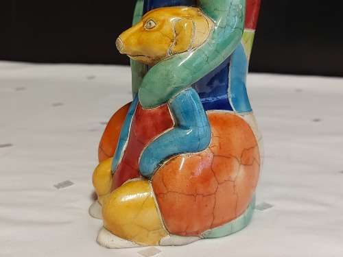 STUNNING VINTAGE RAKU POTTERY MEERKAT AND PUP IN VIVID COLOURS
