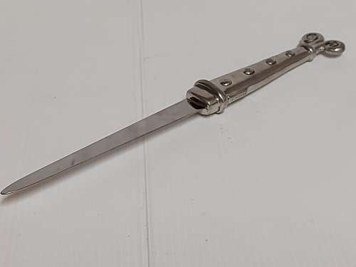 CARROLL BOYES FUNCTIONAL ART:  VINTAGE EARLY DESIGN PEWTER AND STAINLESS STEEL LETTER OPENER