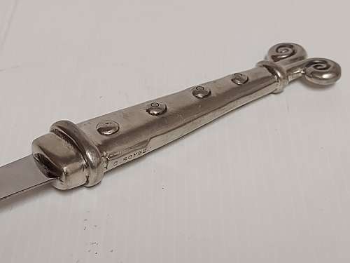 CARROLL BOYES FUNCTIONAL ART:  VINTAGE EARLY DESIGN PEWTER AND STAINLESS STEEL LETTER OPENER