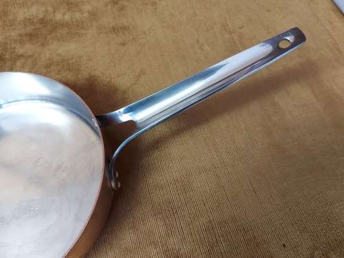 VINTAGE GEORG JENSEN TAVERNA DESIGN SOLID COPPER STRAIGHT SIDED SKILLET WITH A SILVER LINING