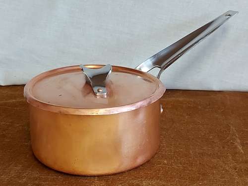 VINTAGE GEORG JENSEN TAVERNA DESIGN SOLID, THICK COPPER PAN HANDLE POT WITH A SILVER LINING
