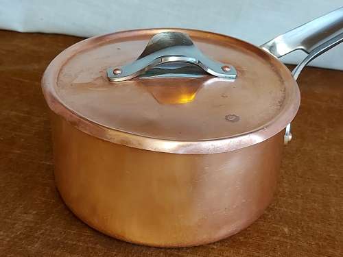 VINTAGE GEORG JENSEN TAVERNA DESIGN SOLID, THICK COPPER PAN HANDLE POT WITH A SILVER LINING