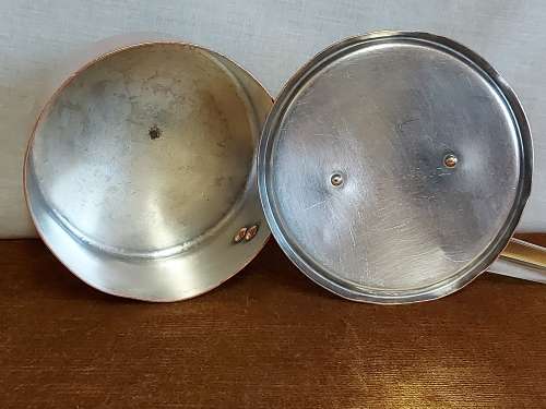 VINTAGE GEORG JENSEN TAVERNA DESIGN SOLID, THICK COPPER PAN HANDLE POT WITH A SILVER LINING