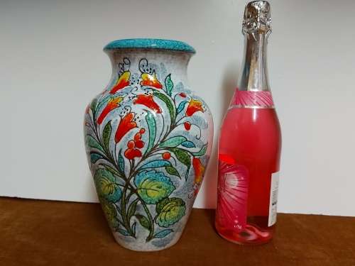 BEAUTIFULLY ADORNED MADE IN ITALY VINTAGE ART POTTERY VASE WITH AN AWESOME RAISED FLORAL DESIGN